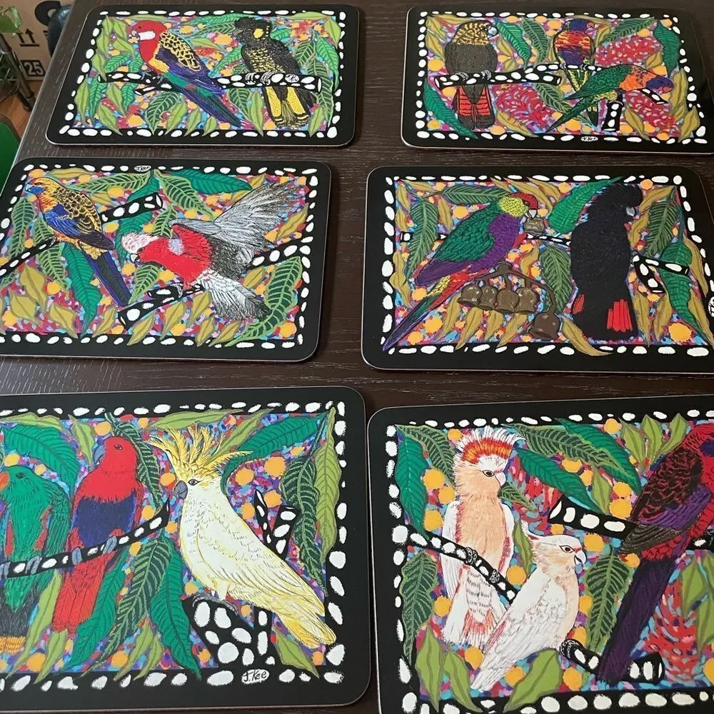 Jenny Kee Designer Tropical Birds Vintage Australian Cork Gloss Placemats set/6